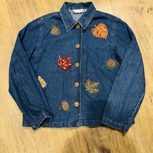 Vintage Sara Studio Denim Jacket Women's Large Embroidered Leaves Fall